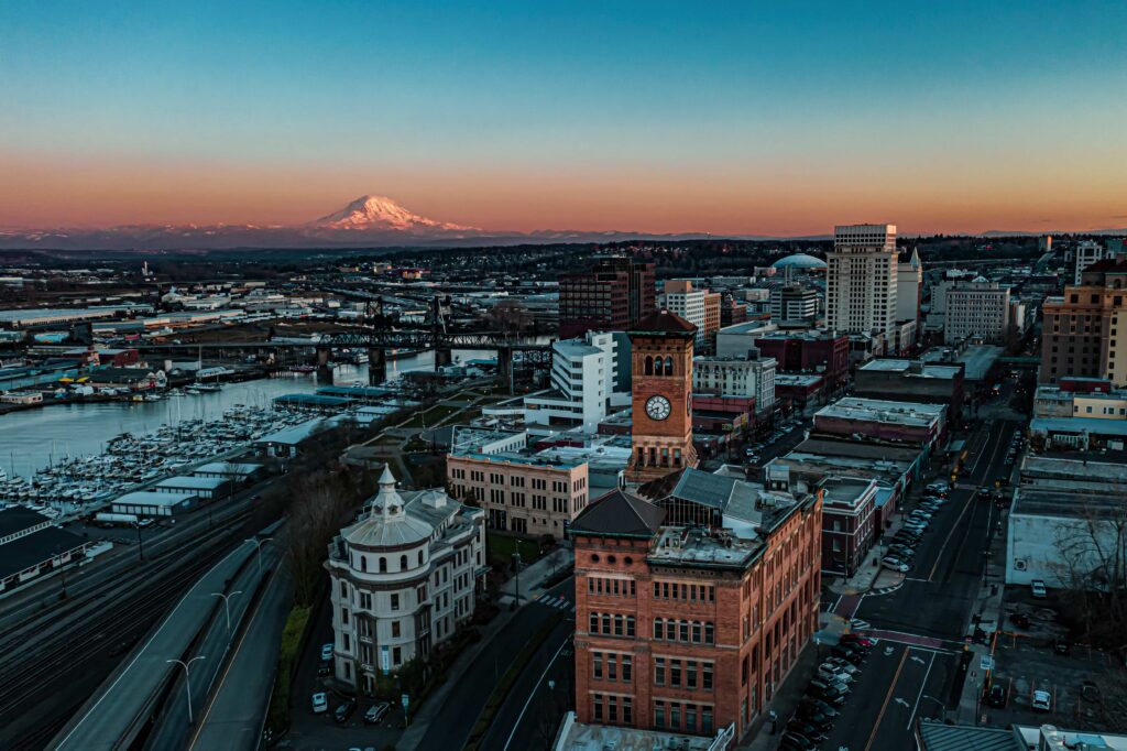Tacoma Washington Skyline with mountain in the distance